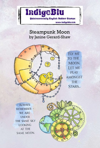 Steampunk Moon A6 Red Rubber Stamp by Janine Gerard-Shaw